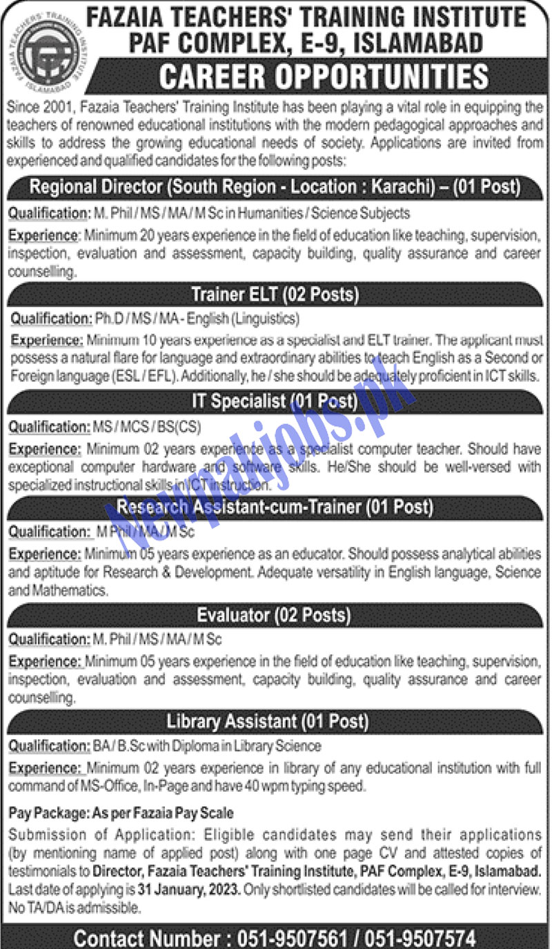 Fazaia Teachers Training Institute PAF Complex Jobs 2023 Islamabad