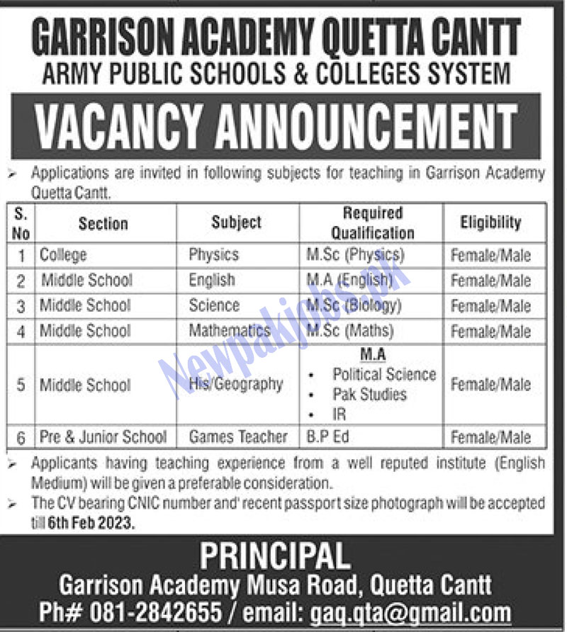 Garrison Academy Quetta Cantt Jobs 2023