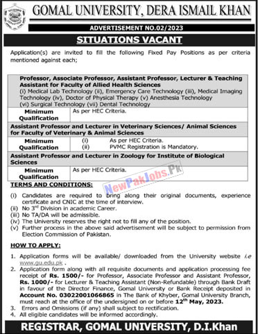 Gomal University Dera Ismail Khan Jobs 2023 Download Form