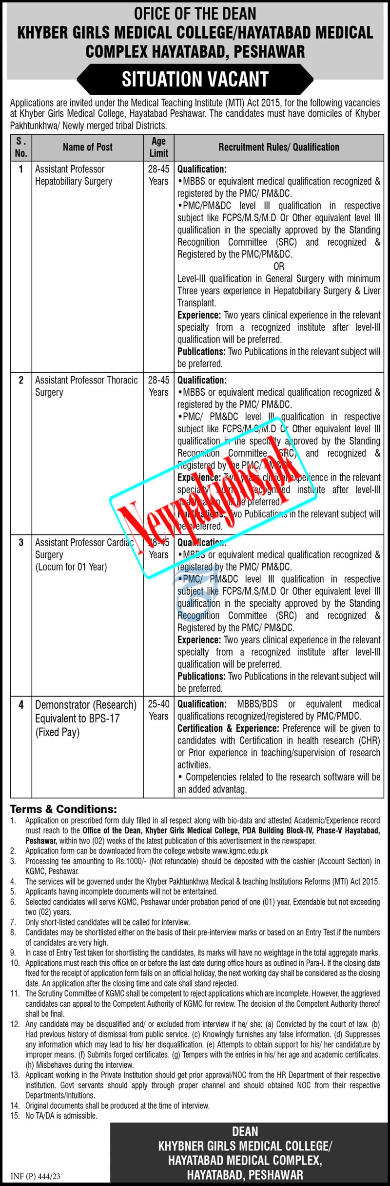 Khyber Girls Medical College Peshawar Jobs 2023