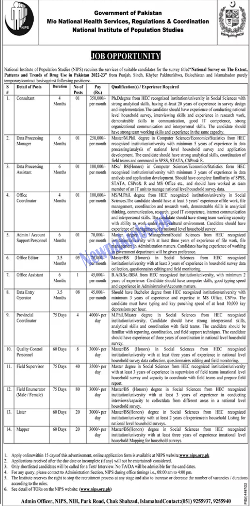 National Institute of Population Studies NIPS Jobs 2023