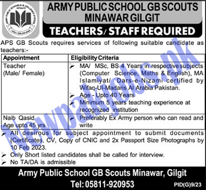  New Army Public School GB Scouts Minawar Gilgit Jobs 2023