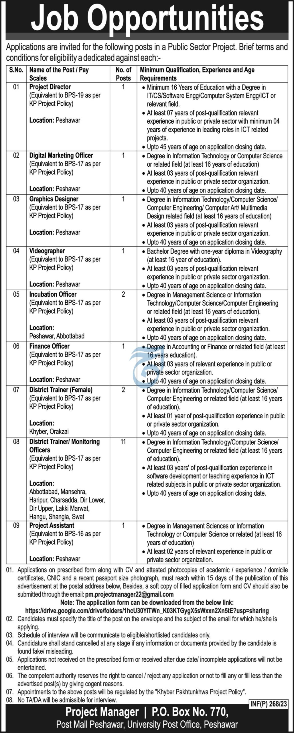 Public Sector Project Peshawar Jobs 2023 PO Box No 770