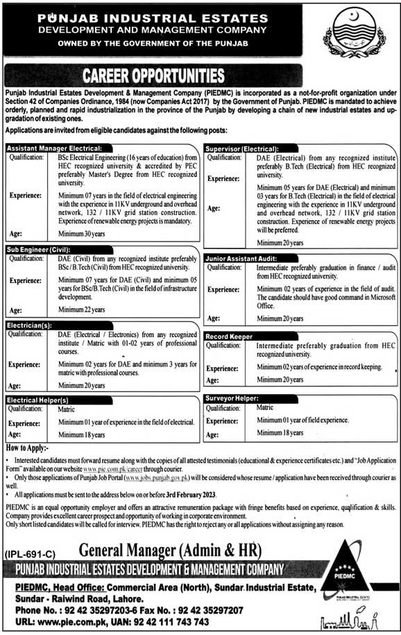 Punjab Industrial Estates Development & Management Company PIEDMC Jobs 2023