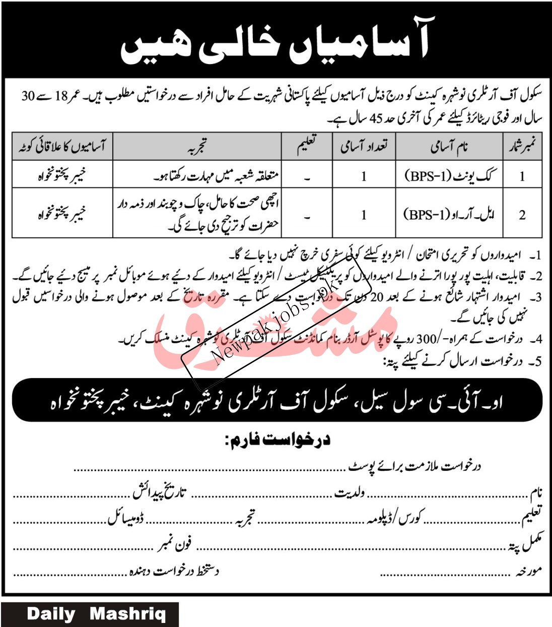 School of Artillery Nowshera Cantt Jobs 2023