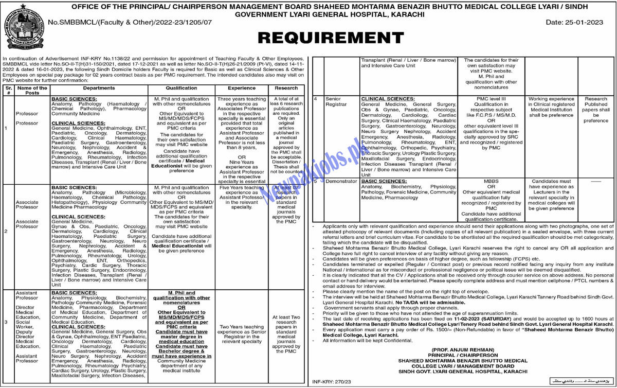 Shaheed Mohtarma Benazir Bhutto Medical College Lyari Jobs 2023