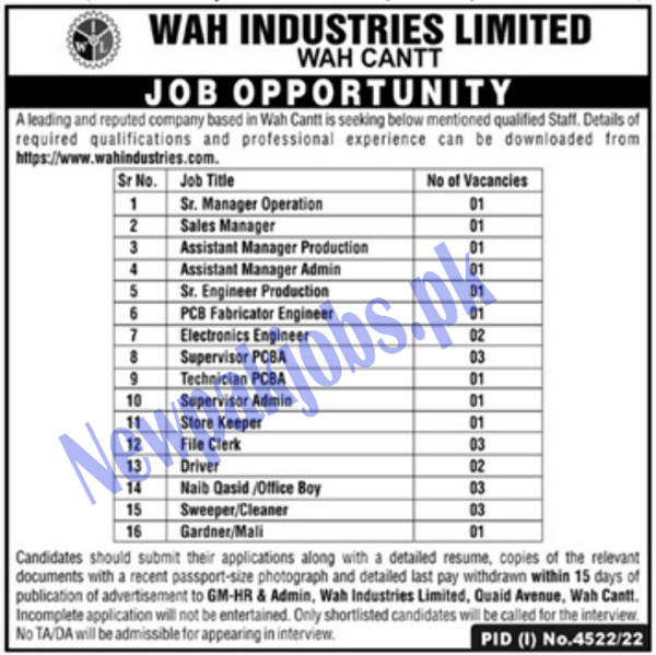 Wah Industries Limited Jobs 2023