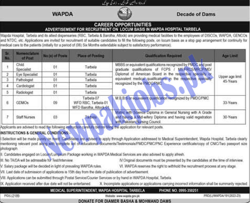 Wapda Hospital Tarbela Jobs 2023