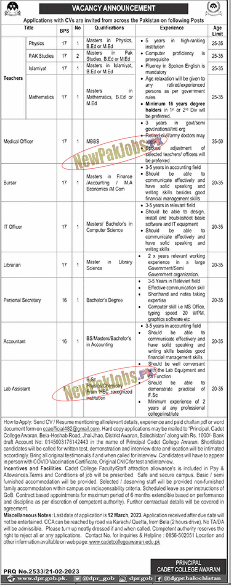 Cadet College Awaran Jobs 2023