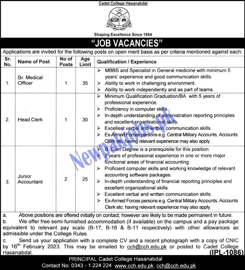 Cadet College Hasanabdal Jobs 2023