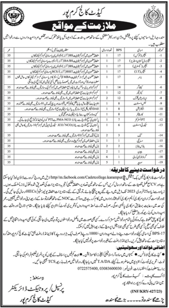 Cadet College Karampur Jobs 2023