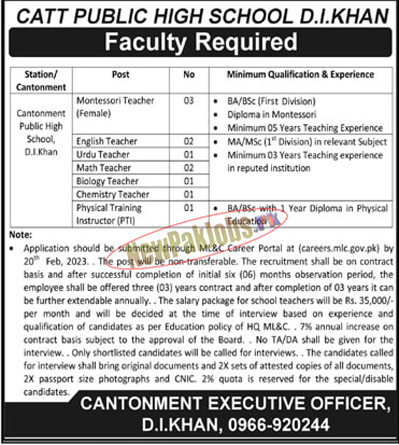 Cantt Public High School Dera Ismail Khan Jobs 2023