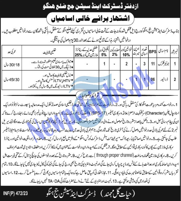 District and Session Courts Hangu Jobs 2023