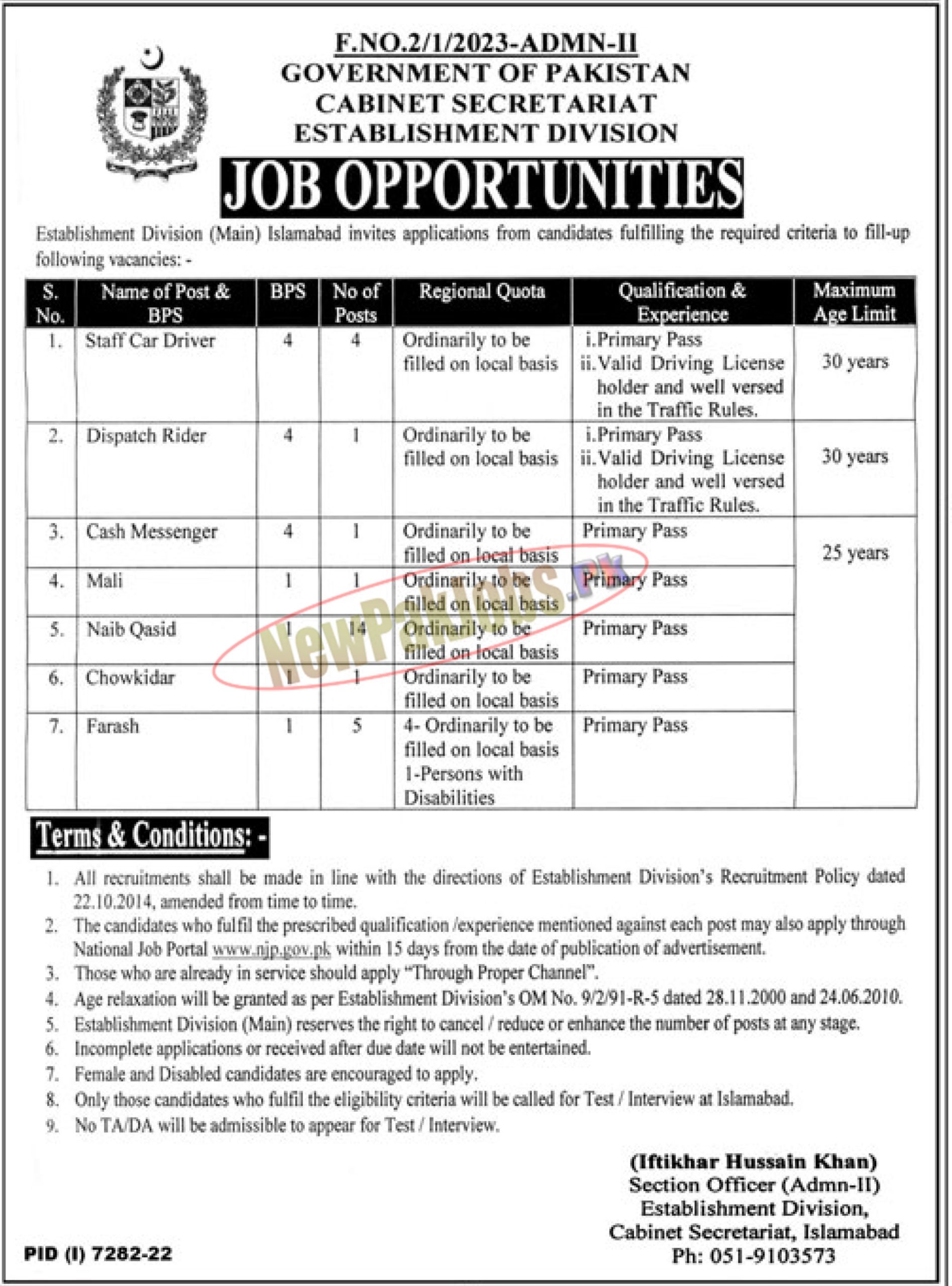 Establishment Division Government of Pakistan Islamabad Jobs 2023