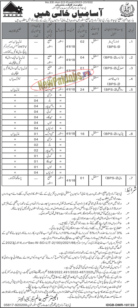 Gilgit Baltistan Public Works Department Jobs 2023