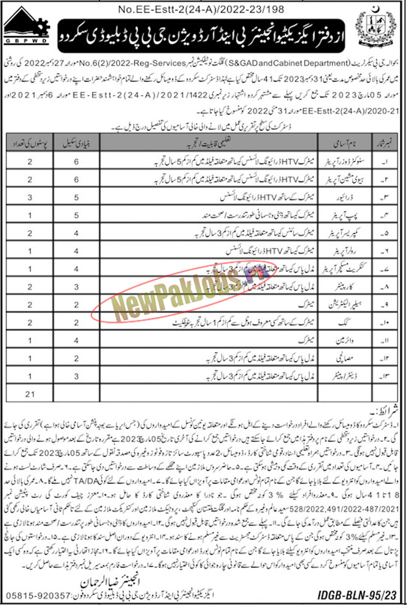 Gilgit Baltistan Public Works Department Jobs 2023