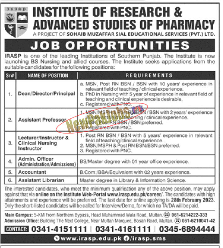 Institute of Research and Advanced Studies of Pharmacy Jobs 2023