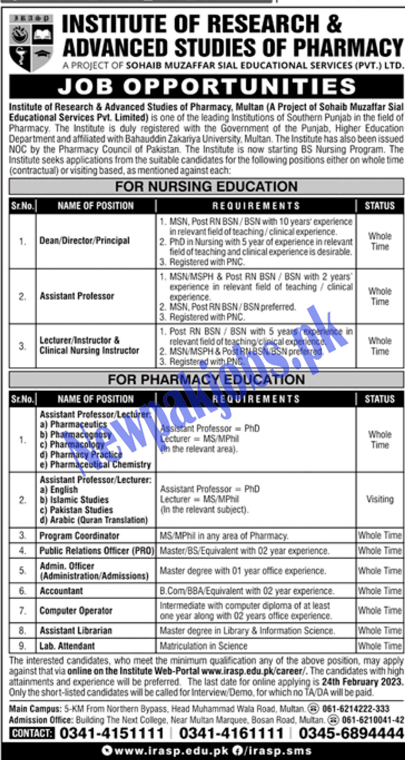 Institute of Research and Advanced Studies of Pharmacy Jobs 2023