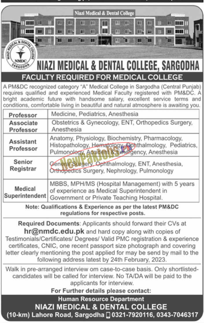 Niazi Medical & Dental College NMDC Sargodha Jobs 2023