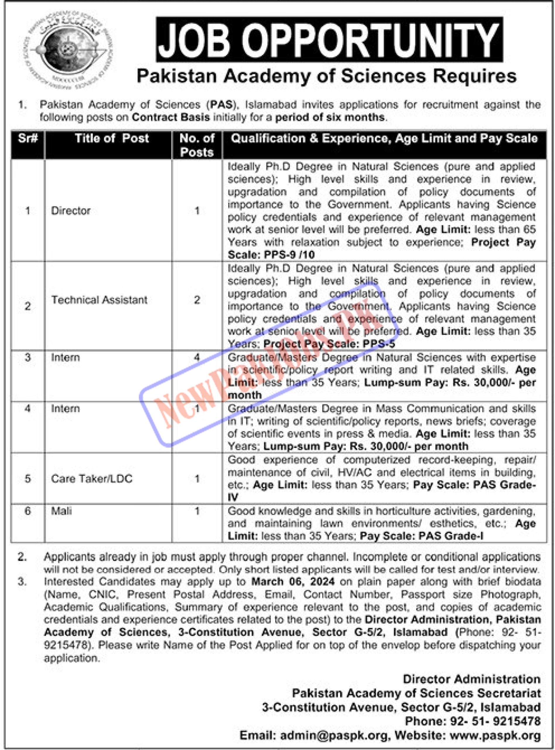 Pakistan Academy of Science PAS Islamabad Jobs 2024