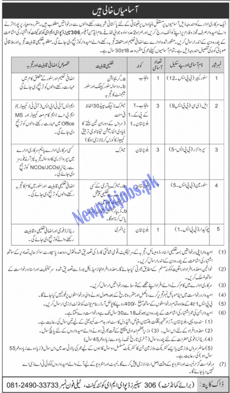 Pakistan Army 306 Spares Depot EME Quetta Cantt Jobs 2023