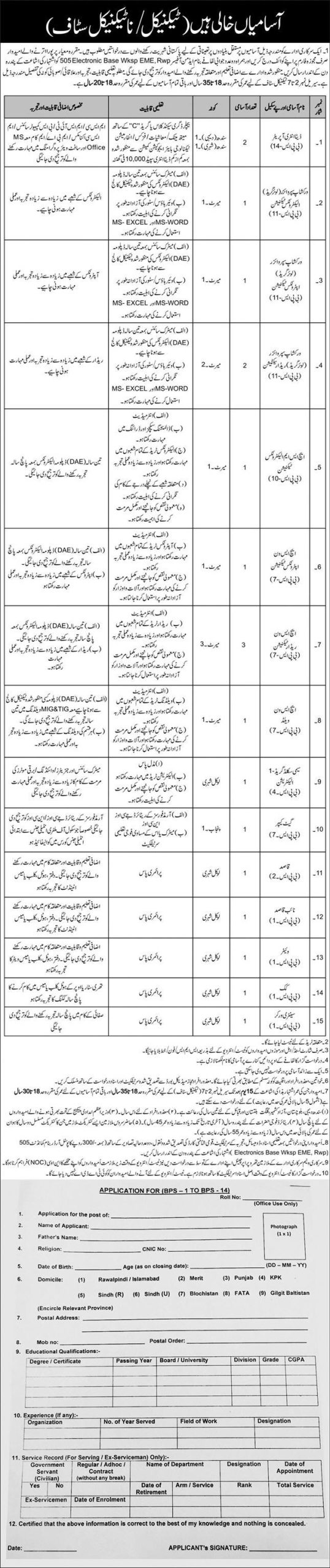 Pakistan Army 505 Electronics Base Workshop EME Rawalpindi Jobs 2024