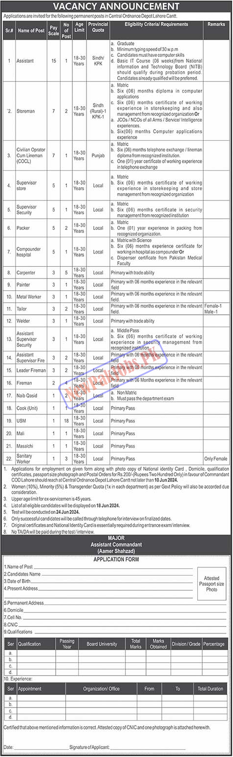 Pakistan Army Central Ordnance Depot COD Lahore Jobs June 2024