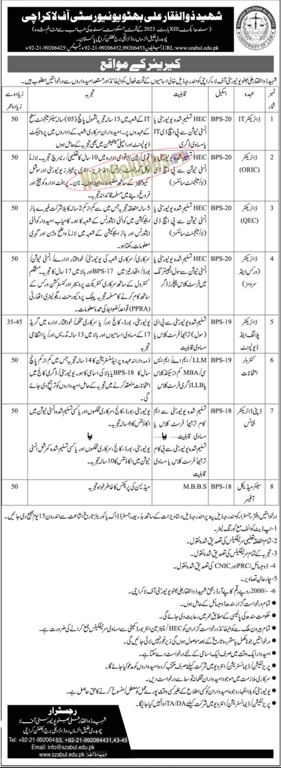 Shaheed Zulfiqar Ali Bhutto University of Law Karachi Jobs 2023 Latest Career