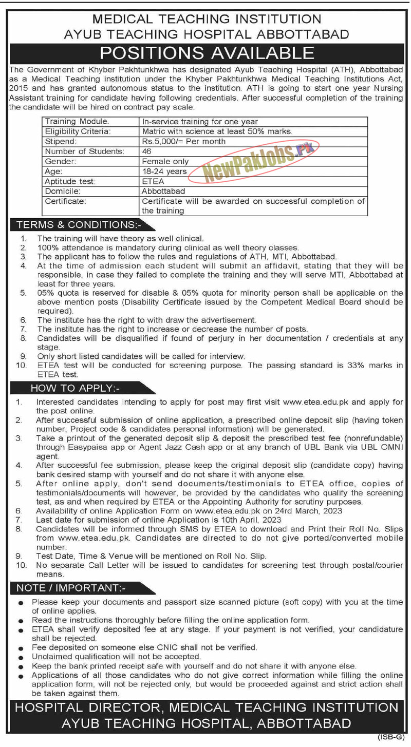 Ayub Teaching Hospital Abbottabad Jobs 2023 Nursing Assistant