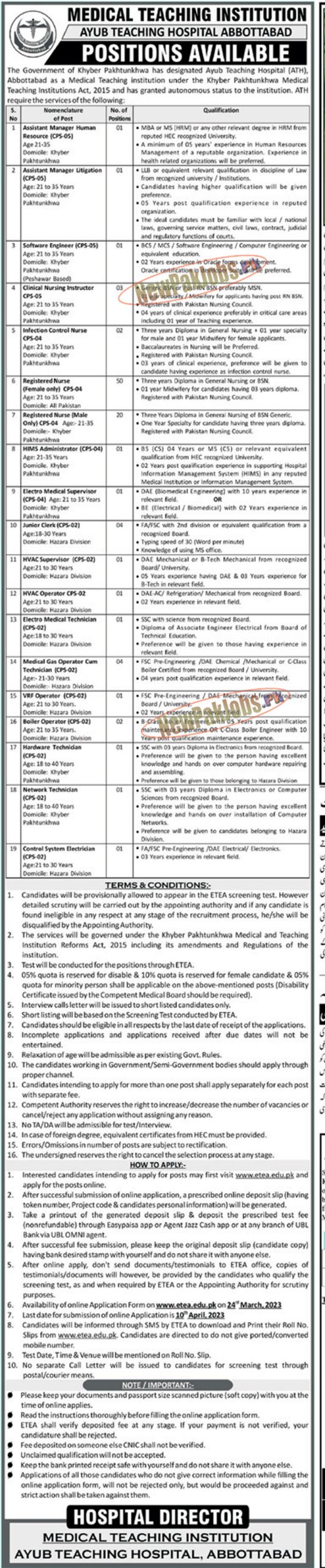 Ayub Teaching Hospital Abbottabad Jobs 2023