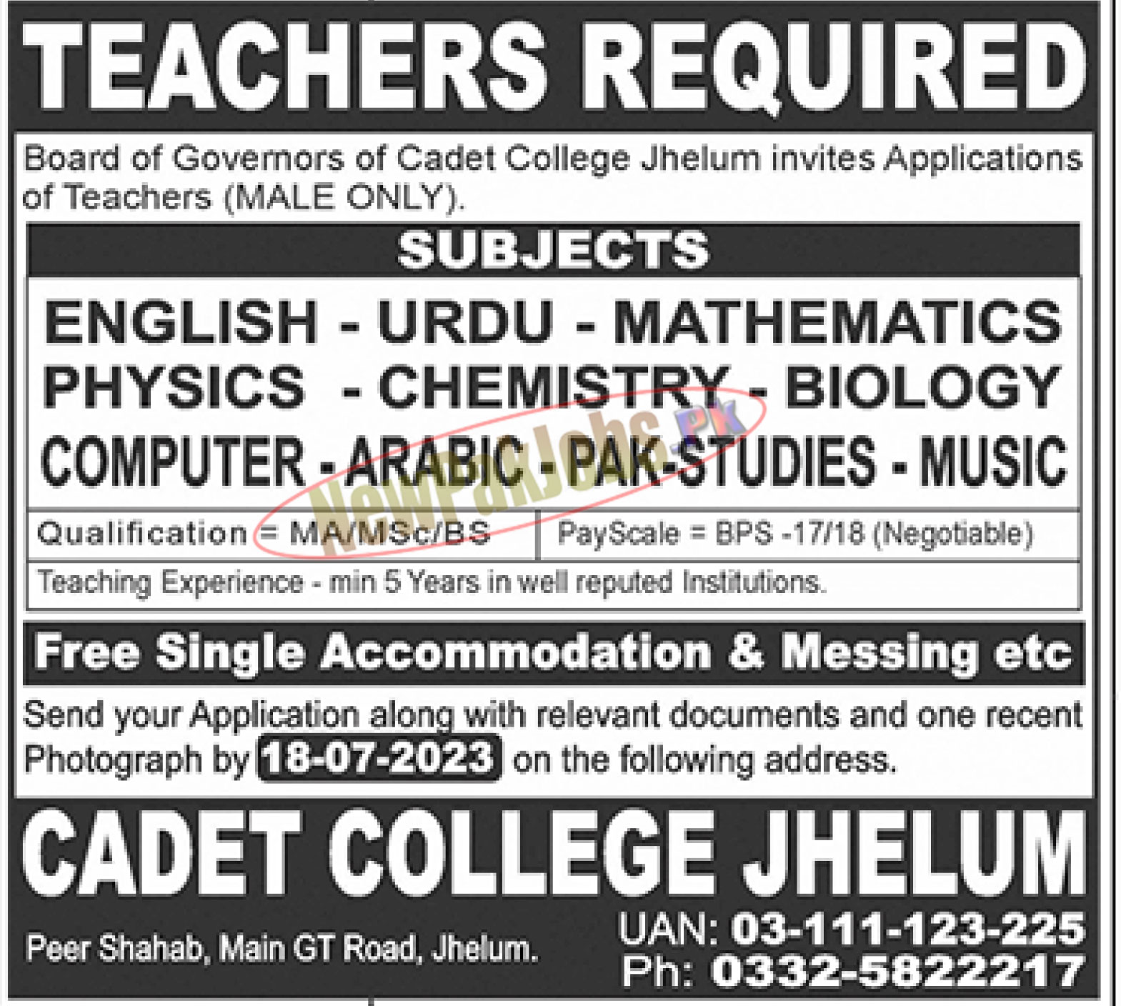 Cadet College Jhelum Jobs July 2023