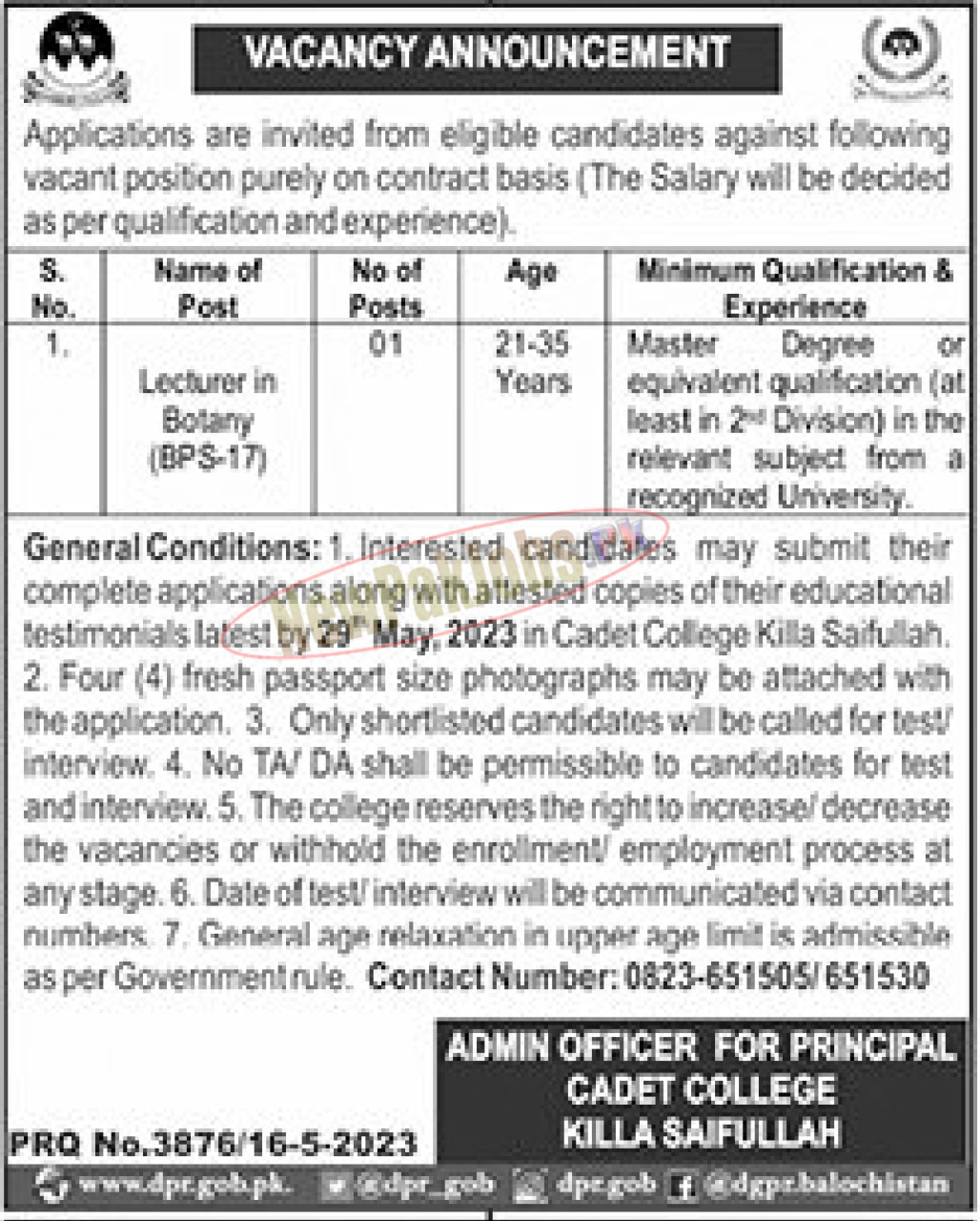 Cadet College Killa Saifullah Jobs 2023 for Lecturers