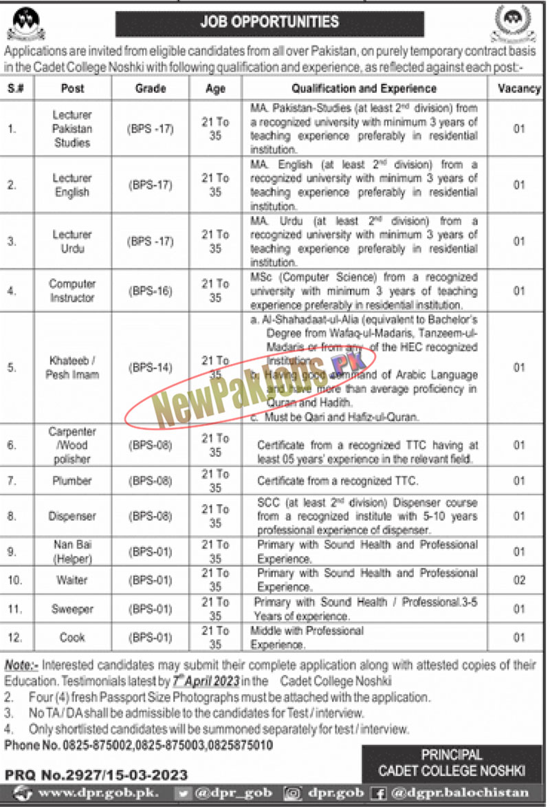 Cadet College Noshki Jobs 2023