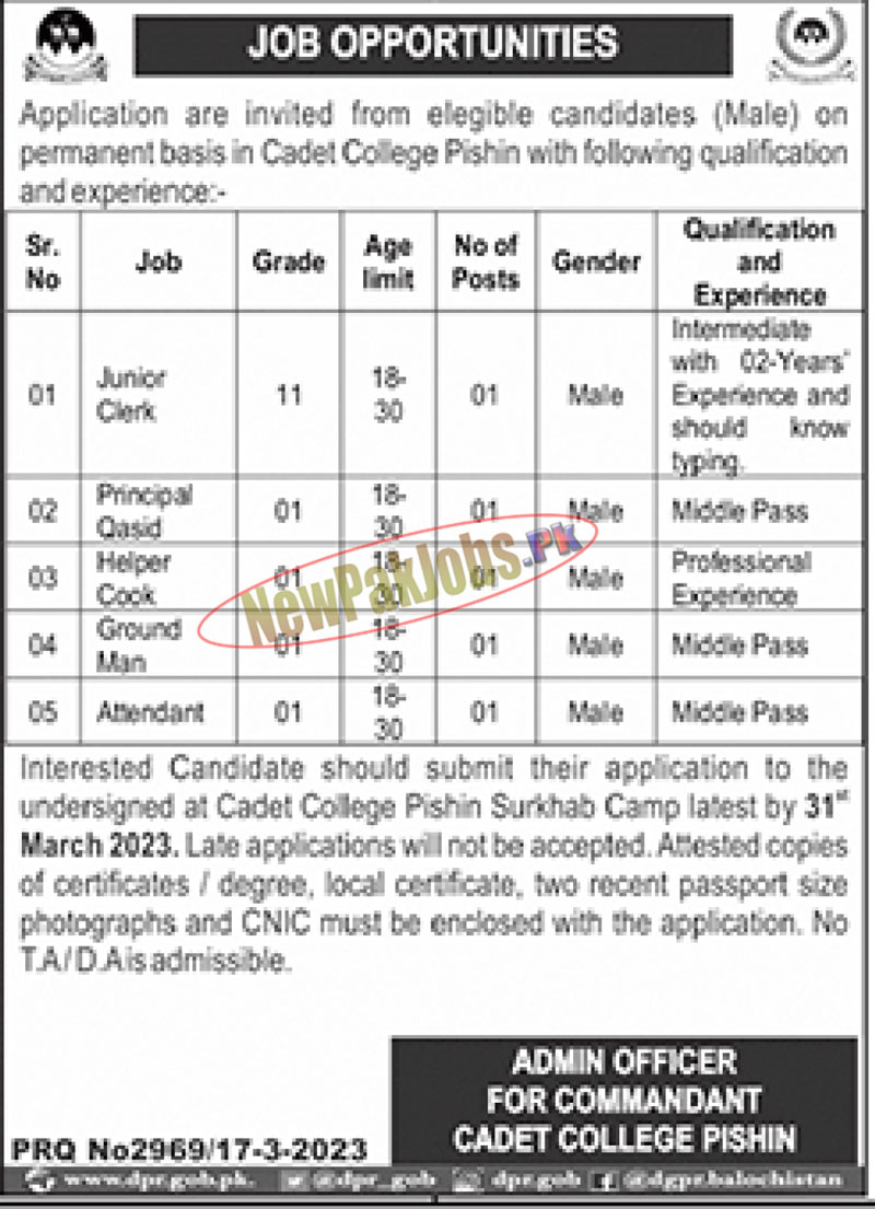 Cadet College Pishin Jobs 2023 Complete Application Procedure