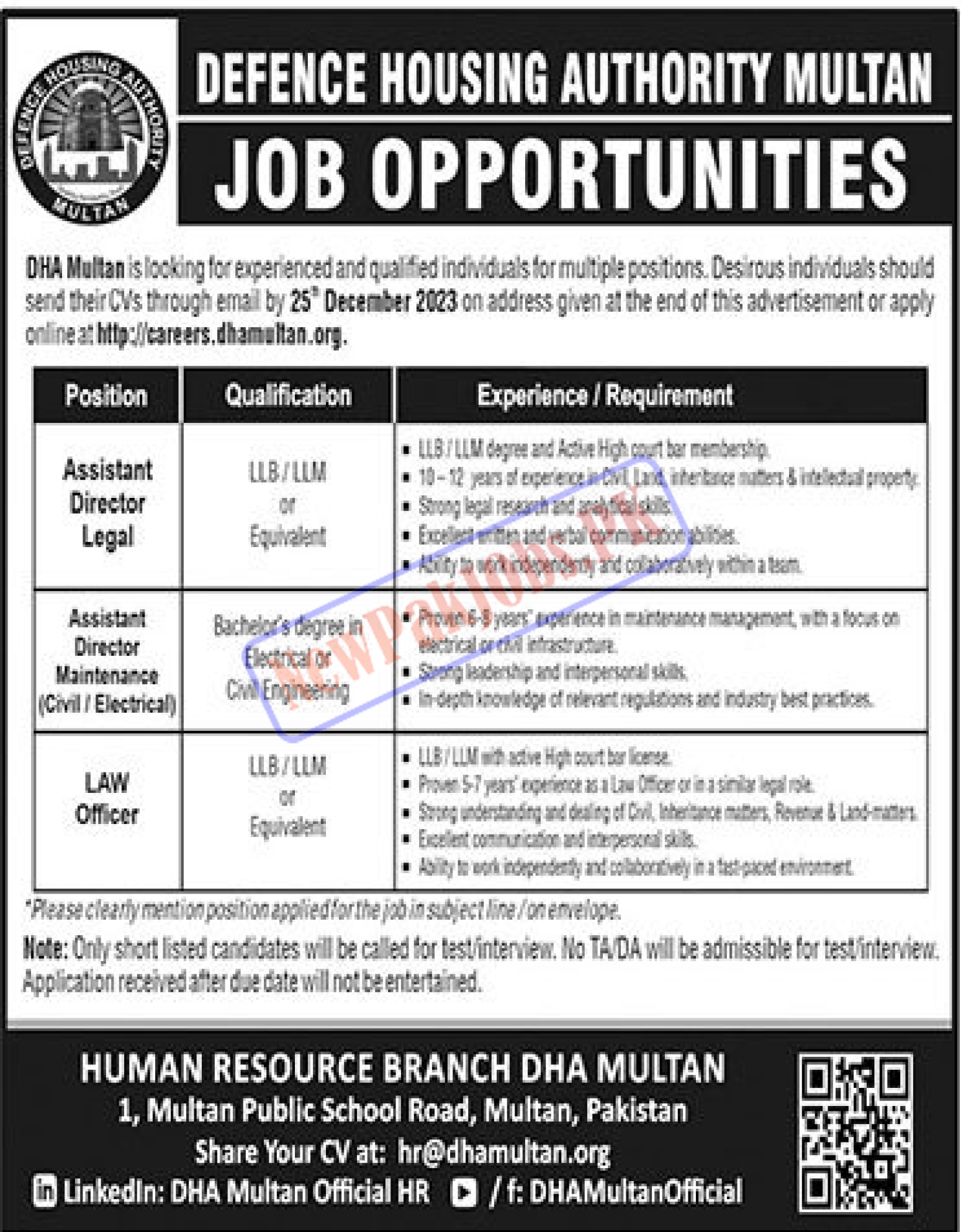 Defence Housing Authority DHA Multan Jobs Dec 2023