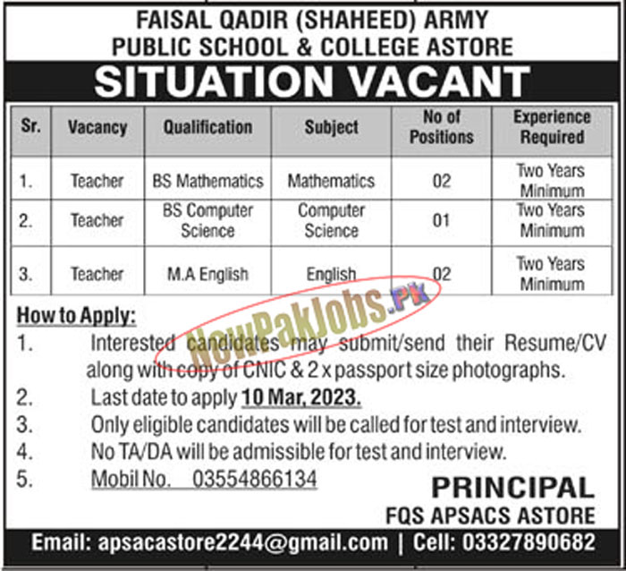 Faisal Qadir Army Public Schools and Colleges Astore Jobs 2023