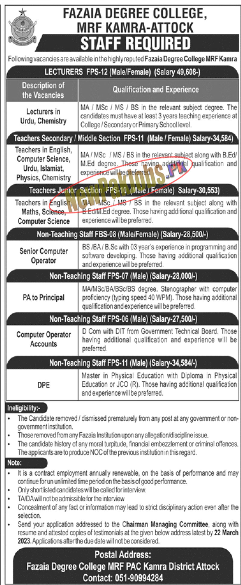 Fazaia Degree College MRF Kamra Attock Jobs 2023