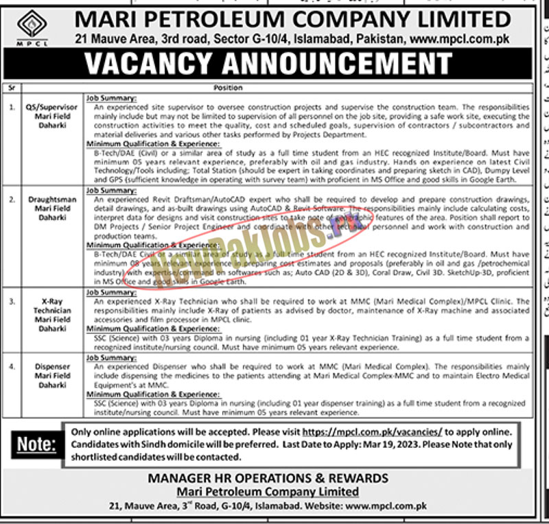 Mari Petroleum Company Limited MPCL Jobs 2023