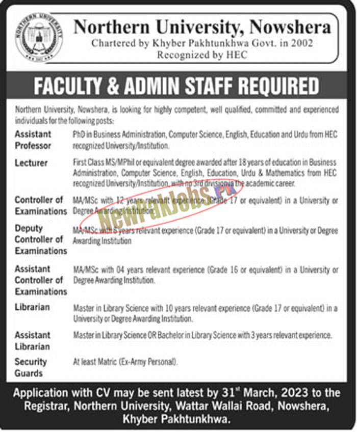 Northern University Nowshera Jobs 2023