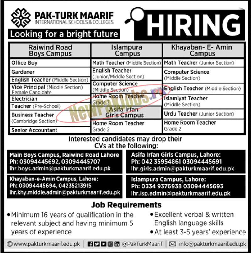 Pak Turk Maarif International Schools & Colleges Lahore Jobs 2023