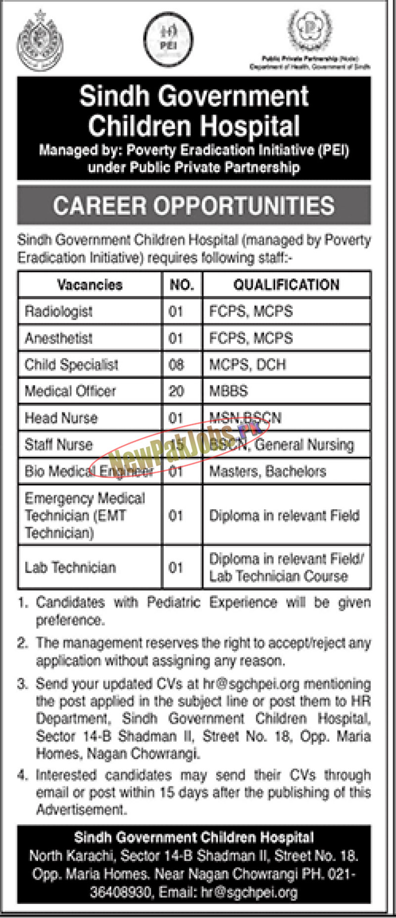 Sindh Government Children Hospital Karachi Jobs 2023