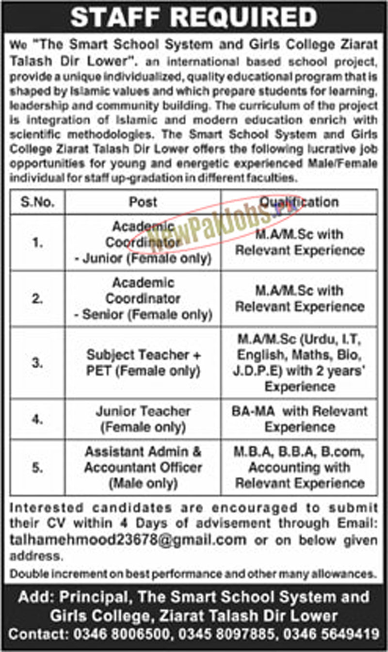 The Smart School System & Girls College Ziarat Talash Jobs 2023