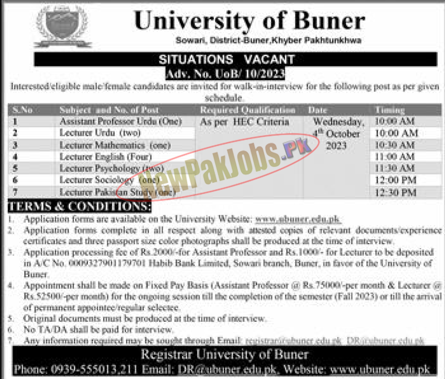 University of Buner Jobs September 2023