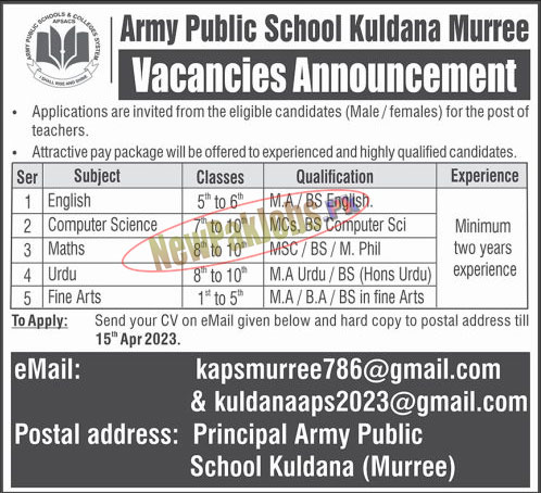 Army Public School APS Kuldana Murree Jobs 2023