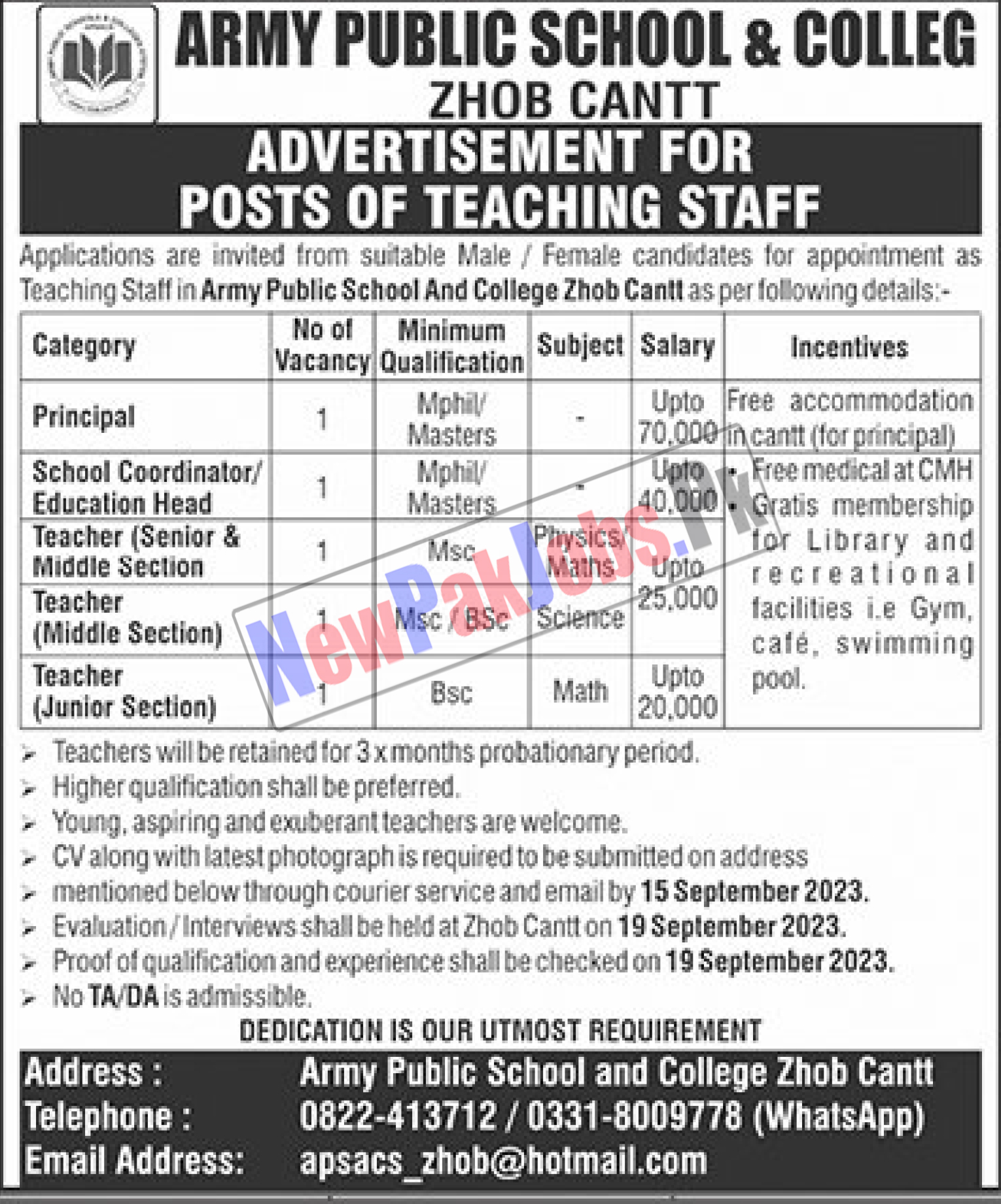 Army Public School and College Zhob Cantt Jobs 2023 - Send CVs