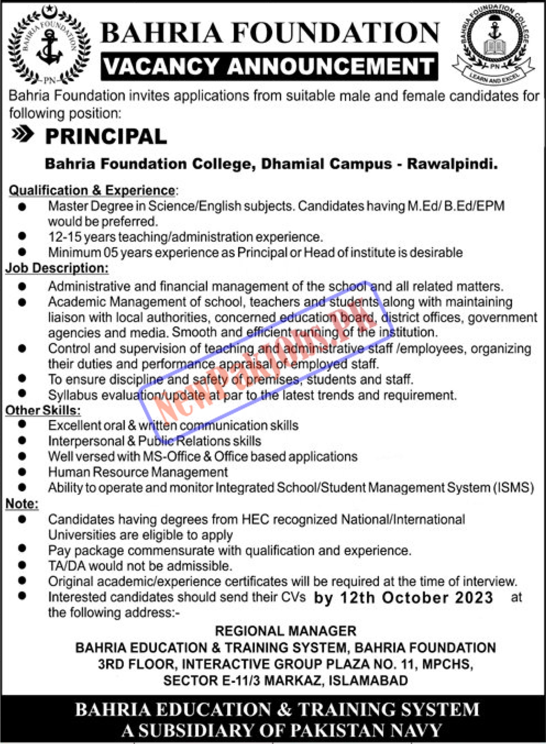 Bahria Foundation College Jobs 2023