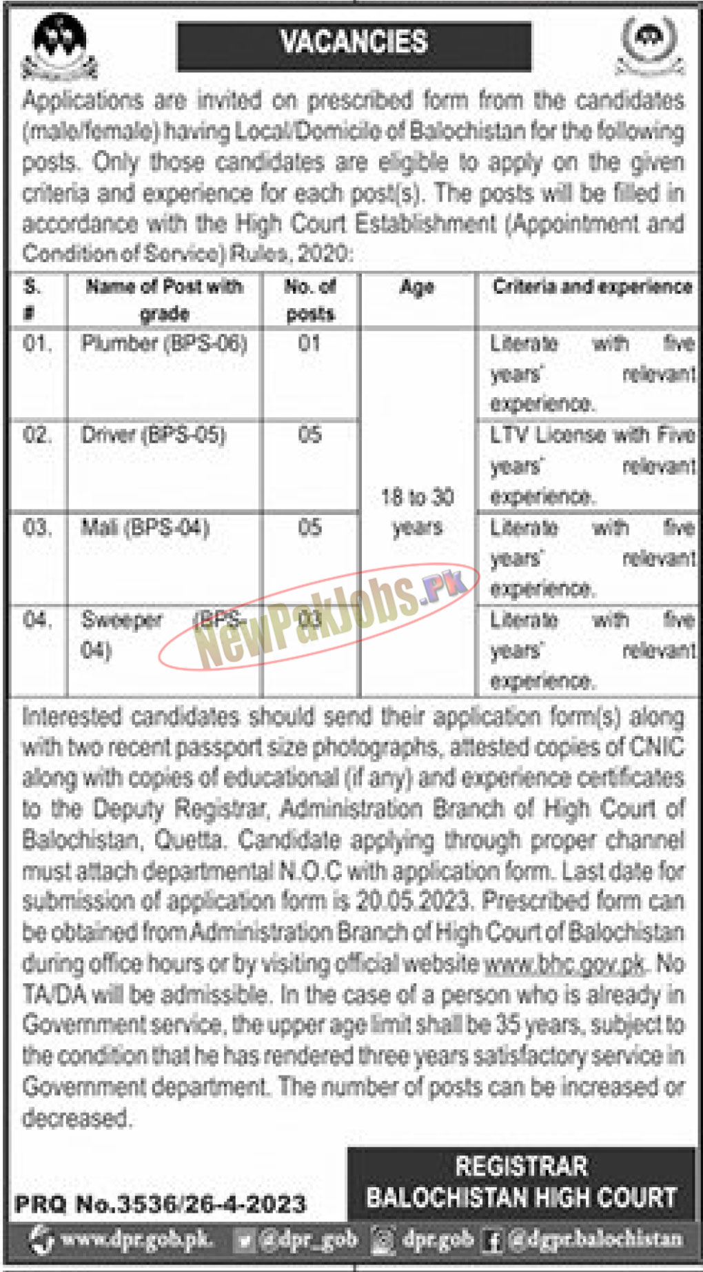 Balochistan High Court Jobs 2023