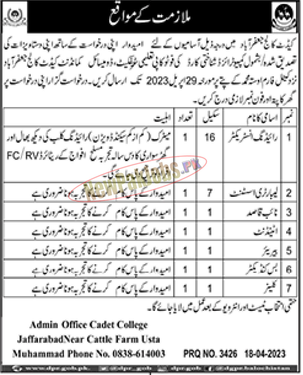 Cadet College Jaffarabad Jobs 2023