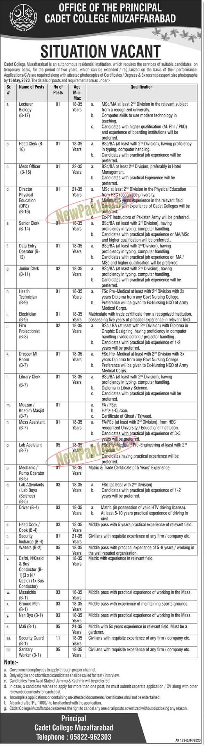 Cadet College Muzaffarabad Jobs 2023