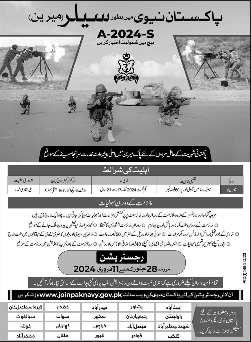 Join Pakistan Navy as Sailor Batch A-2024-S www.joinpaknavy.gov.pk